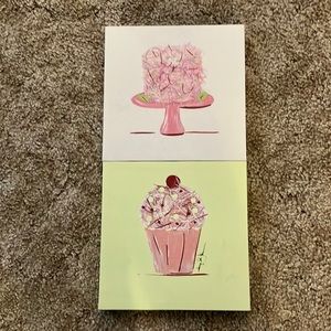 Two paintings of cupcake and cake.